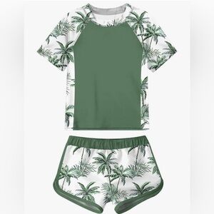 Adukide Girls Rash guard Swimsuit Green and White Palm Tree